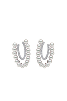 Sleek Hoop Earrings, 18k White Gold with Akoya Pearls & Diamonds